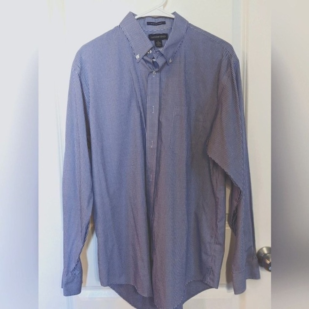 Lands End button down no iron pinpoint Oxford blue & White supima Cotton Size 16